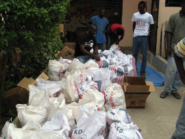 50 lb. bags of food made possible from donations from Starfish Ministries supporters.  180 of there were destributed to families in Diogene's Port-au-Prince Church.